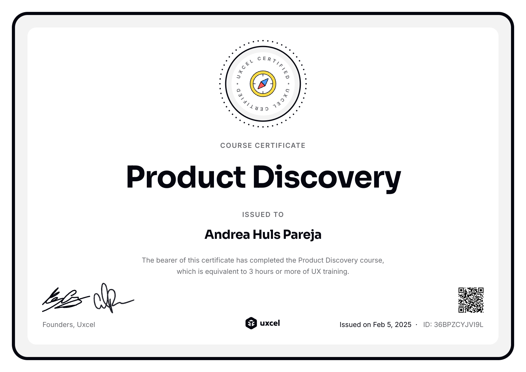 Andrea Huls Pareja's certificate